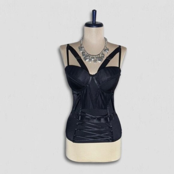 NWOT Spirit Halloween Buckle Corset Mesh Top Gothic Style Body-Hugging Black L - Picture 1 of 12